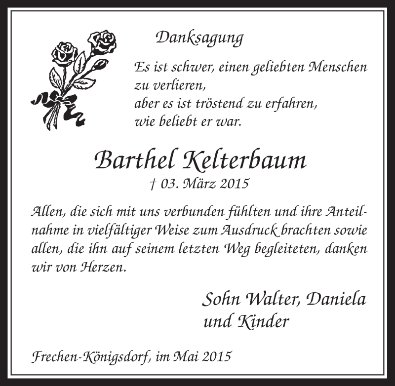  Traueranzeige für Barthel Kelterbaum vom 06.05.2015 aus  Wochenende 