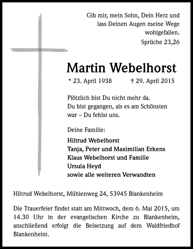  Traueranzeige für Martin Webelhorst vom 02.05.2015 aus Kölner Stadt-Anzeiger / Kölnische Rundschau / Express