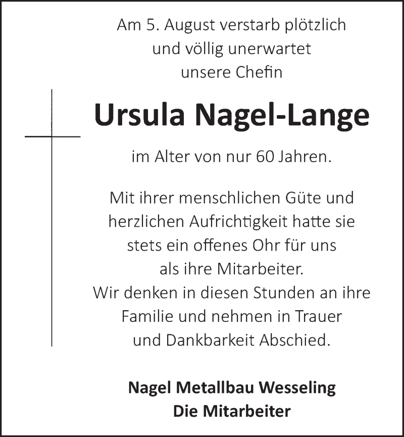  Traueranzeige für Ursula Nagel-Lange vom 12.08.2015 aus  Schlossbote/Werbekurier 