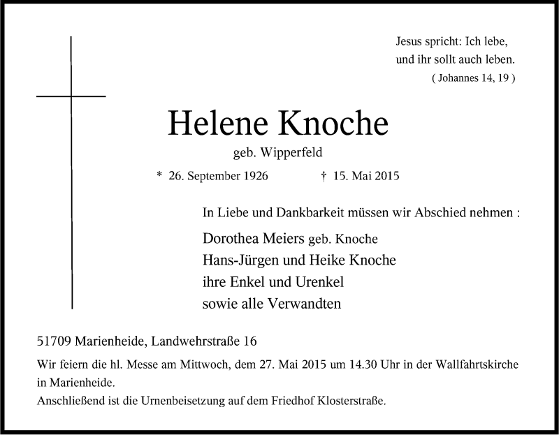  Traueranzeige für Helene Knoche vom 21.05.2015 aus Kölner Stadt-Anzeiger / Kölnische Rundschau / Express