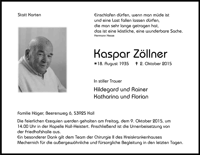  Traueranzeige für Kaspar Zöllner vom 07.10.2015 aus Kölner Stadt-Anzeiger / Kölnische Rundschau / Express