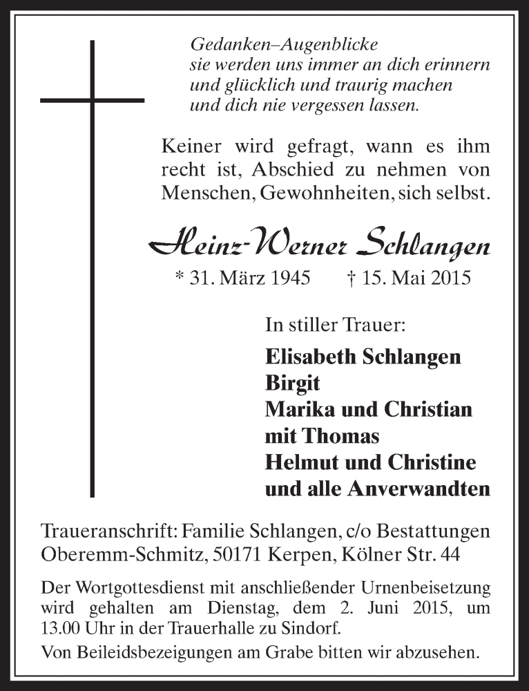  Traueranzeige für Heinz-Werner Schlangen vom 27.05.2015 aus  Werbepost 