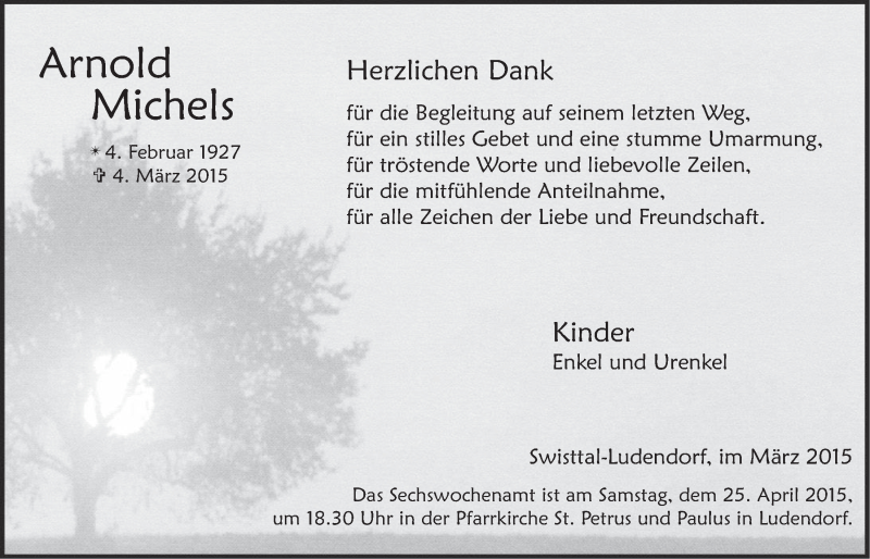  Traueranzeige für Arnold Michels vom 22.04.2015 aus  Schaufenster/Blickpunkt 