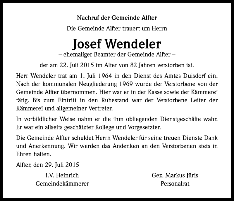  Traueranzeige für Josef Wendeler vom 01.08.2015 aus Kölner Stadt-Anzeiger / Kölnische Rundschau / Express