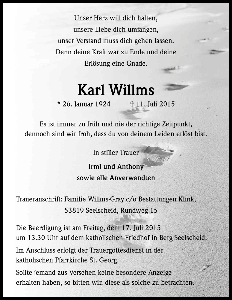  Traueranzeige für Karl Willms vom 15.07.2015 aus Kölner Stadt-Anzeiger / Kölnische Rundschau / Express