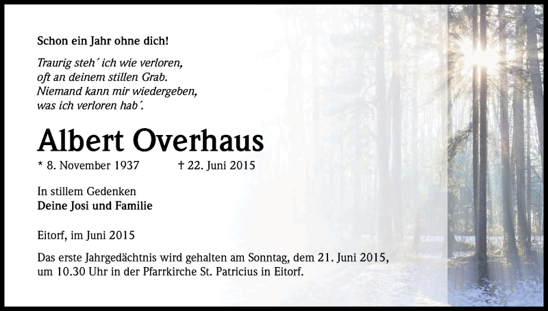  Traueranzeige für Albert Overhaus vom 13.06.2015 aus Kölner Stadt-Anzeiger / Kölnische Rundschau / Express