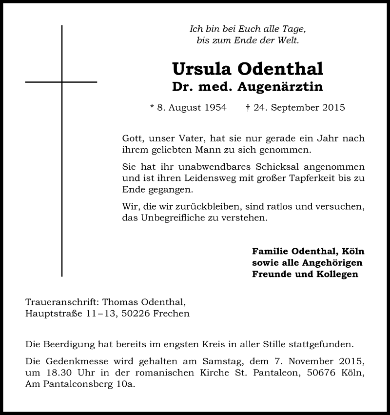  Traueranzeige für Ursula Odenthal vom 31.10.2015 aus Kölner Stadt-Anzeiger / Kölnische Rundschau / Express