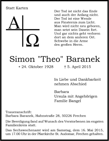 Anzeige von Simon  Baranek von Kölner Stadt-Anzeiger / Kölnische Rundschau / Express