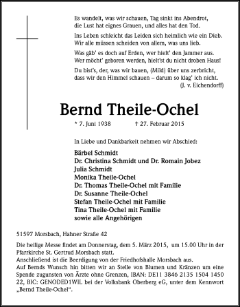 Anzeige von Bernd Theile-Ochel von Kölner Stadt-Anzeiger / Kölnische Rundschau / Express