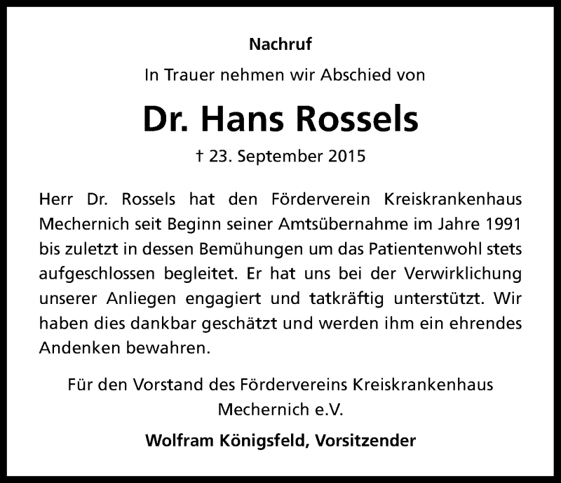  Traueranzeige für Hans Rossels vom 30.09.2015 aus Kölner Stadt-Anzeiger / Kölnische Rundschau / Express
