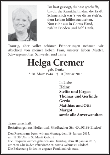 Anzeige von Helga Cremer von  Sonntags-Post 
