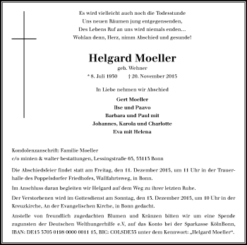 Anzeige von Helgard Moeller von Kölner Stadt-Anzeiger / Kölnische Rundschau / Express