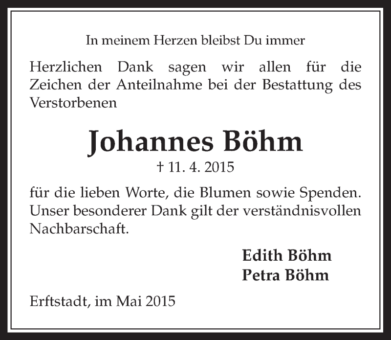  Traueranzeige für Johannes Böhm vom 20.05.2015 aus  Werbepost 