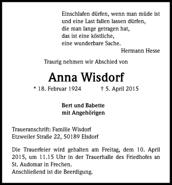 Anzeige von Anna Wisdorf von Kölner Stadt-Anzeiger / Kölnische Rundschau / Express