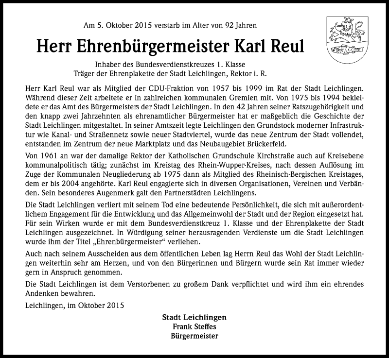  Traueranzeige für Karl Reul vom 14.10.2015 aus Kölner Stadt-Anzeiger / Kölnische Rundschau / Express
