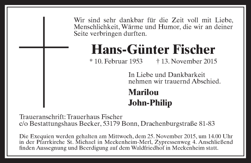  Traueranzeige für Hans-Günter Fischer vom 21.11.2015 aus  Schaufenster/Blickpunkt am Wochenende 