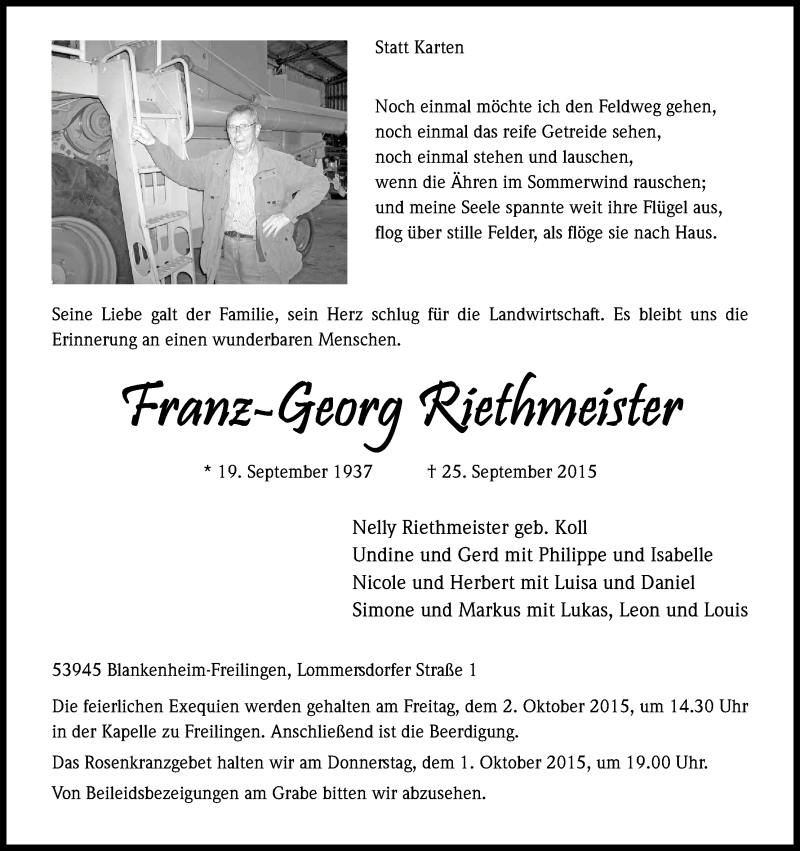  Traueranzeige für Franz-Georg Riethmeister vom 30.09.2015 aus Kölner Stadt-Anzeiger / Kölnische Rundschau / Express