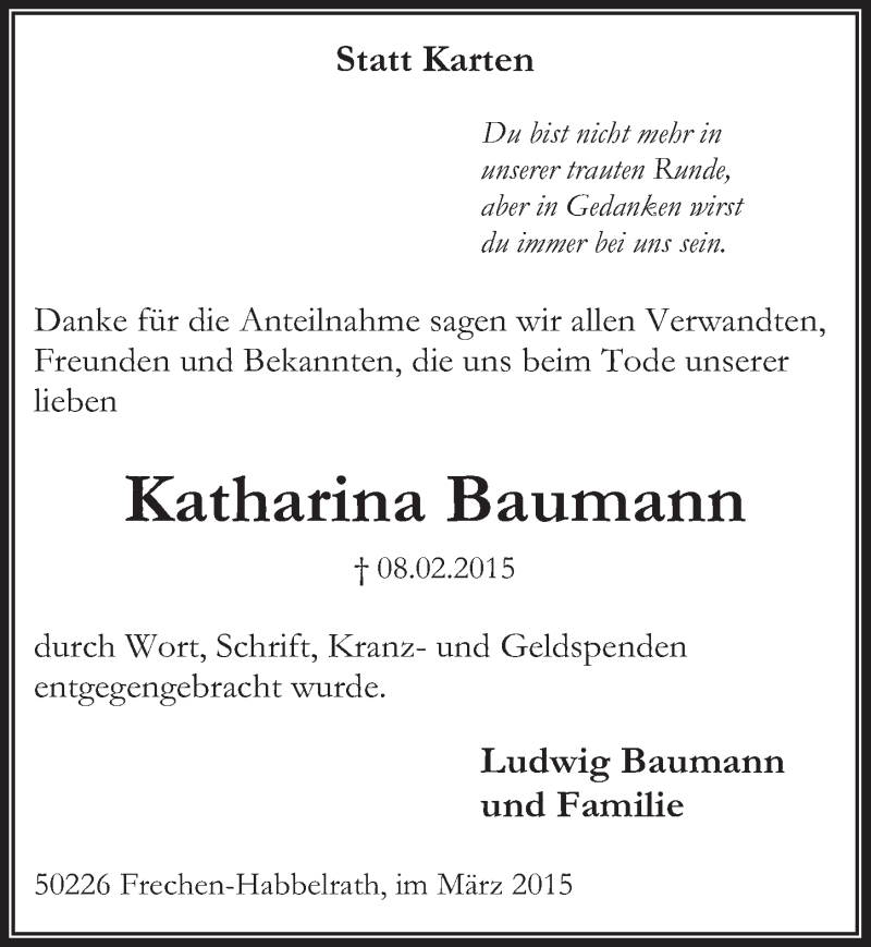  Traueranzeige für Katharina Baumann vom 18.03.2015 aus  Wochenende 