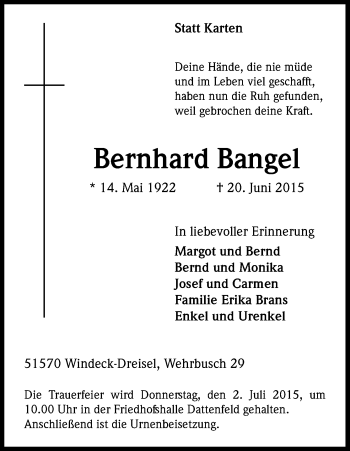 Anzeige von Bernhard Bangel von Kölner Stadt-Anzeiger / Kölnische Rundschau / Express