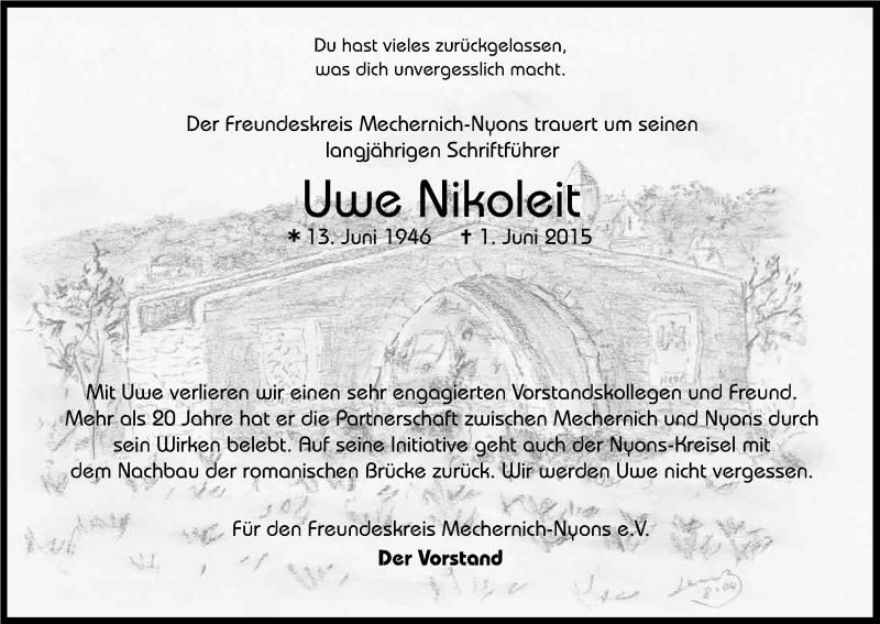  Traueranzeige für Uwe Nikoleit vom 09.06.2015 aus Kölner Stadt-Anzeiger / Kölnische Rundschau / Express