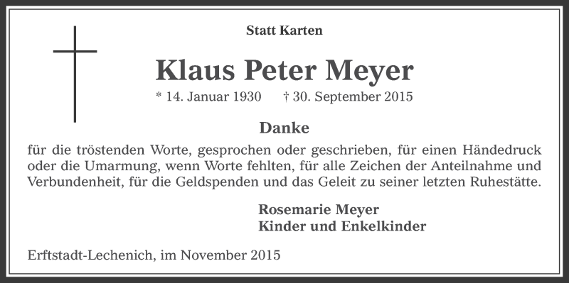  Traueranzeige für Klaus Peter Meyer vom 04.11.2015 aus  Werbepost 