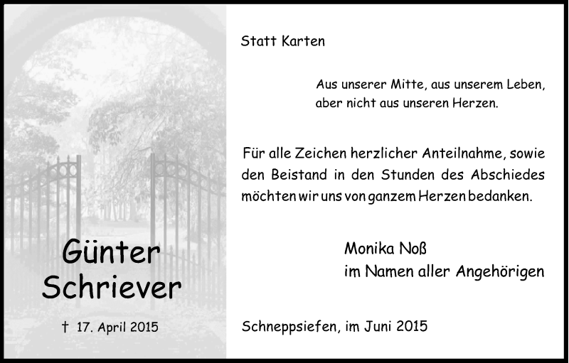  Traueranzeige für Günter Schriever vom 06.06.2015 aus Kölner Stadt-Anzeiger / Kölnische Rundschau / Express