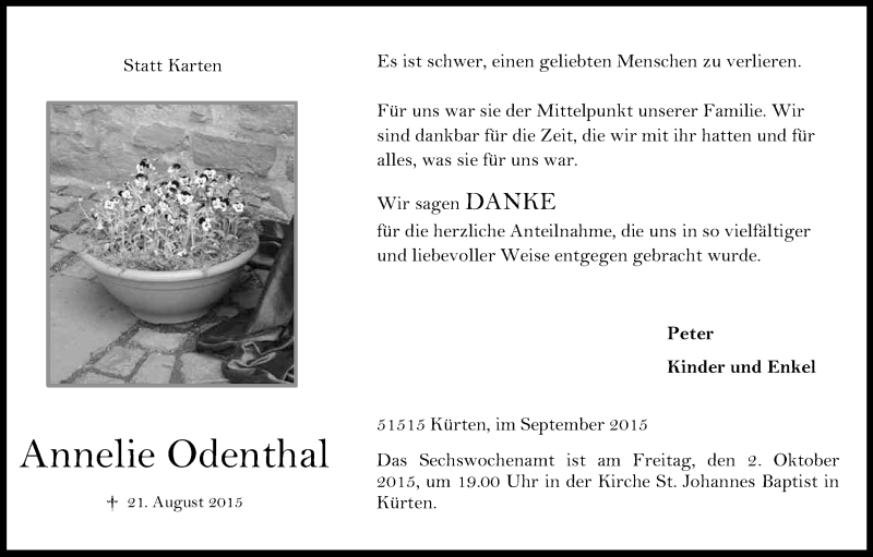  Traueranzeige für Annelie Odenthal vom 26.09.2015 aus Kölner Stadt-Anzeiger / Kölnische Rundschau / Express