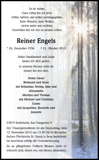 Anzeige von Reiner Engels von Kölner Stadt-Anzeiger / Kölnische Rundschau / Express