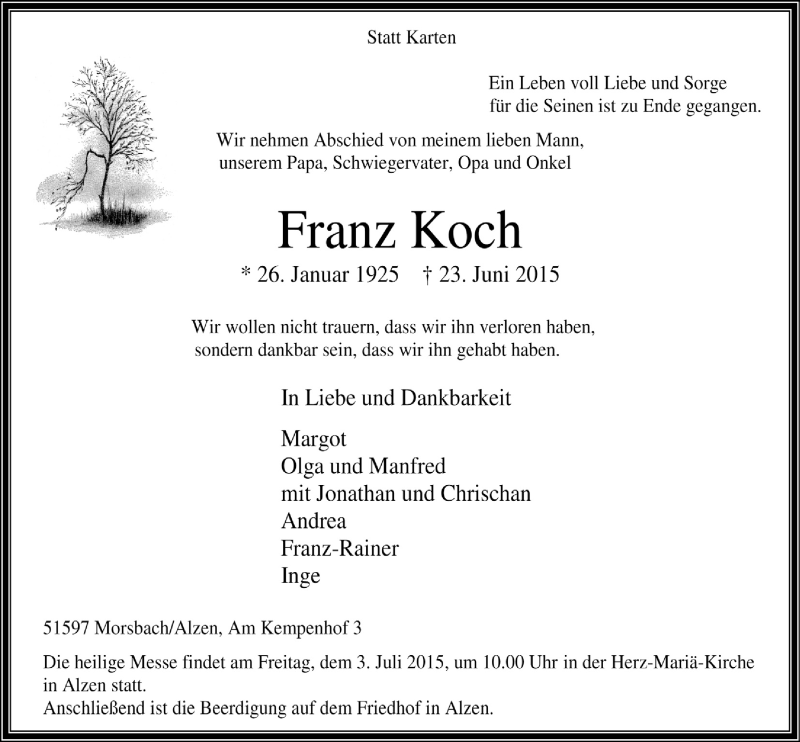  Traueranzeige für Franz Koch vom 01.07.2015 aus  Lokalanzeiger 