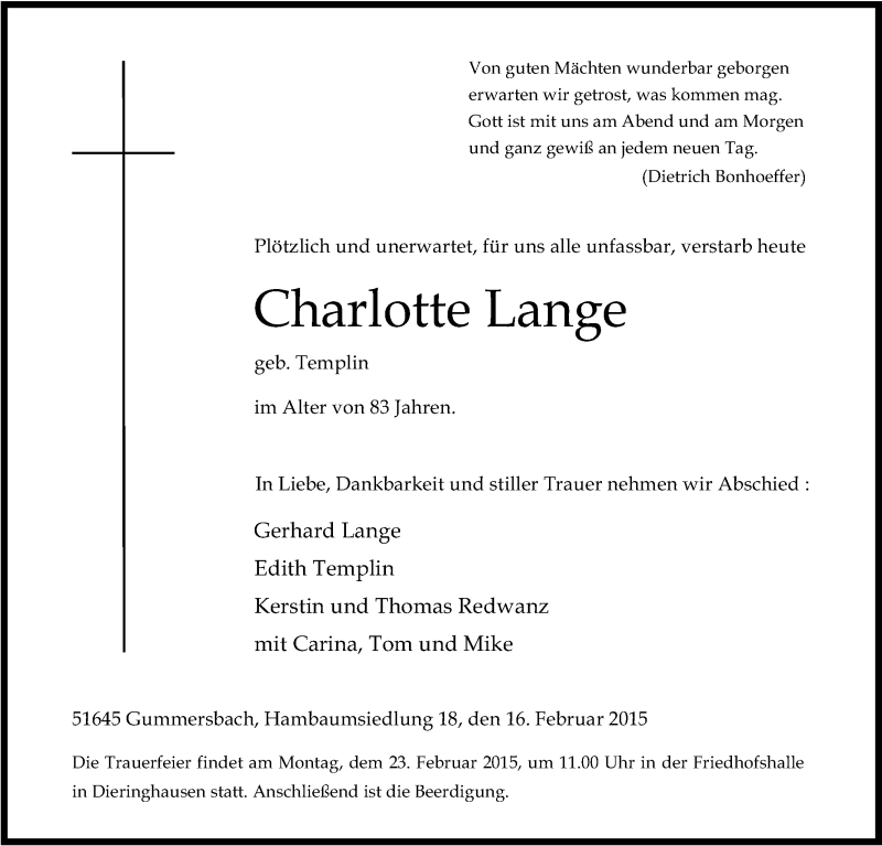  Traueranzeige für Charlotte Lange vom 21.02.2015 aus Kölner Stadt-Anzeiger / Kölnische Rundschau / Express