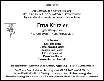 Anzeige von Erna Kritzler von Kölner Stadt-Anzeiger / Kölnische Rundschau / Express