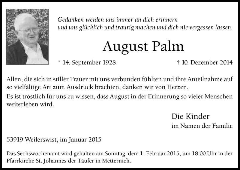  Traueranzeige für August Palm vom 24.01.2015 aus Kölner Stadt-Anzeiger / Kölnische Rundschau / Express