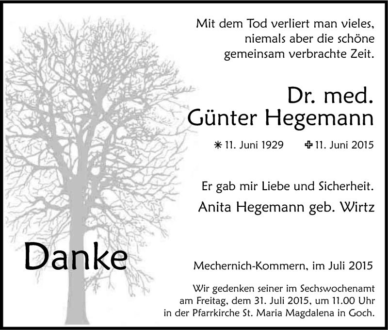  Traueranzeige für Günter Hegemann vom 25.07.2015 aus Kölner Stadt-Anzeiger / Kölnische Rundschau / Express