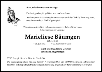 Anzeige von Marieliese Bäumgen von Kölner Stadt-Anzeiger / Kölnische Rundschau / Express