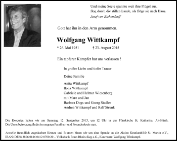 Anzeige von Wolfgang Wittkampf von Kölner Stadt-Anzeiger / Kölnische Rundschau / Express