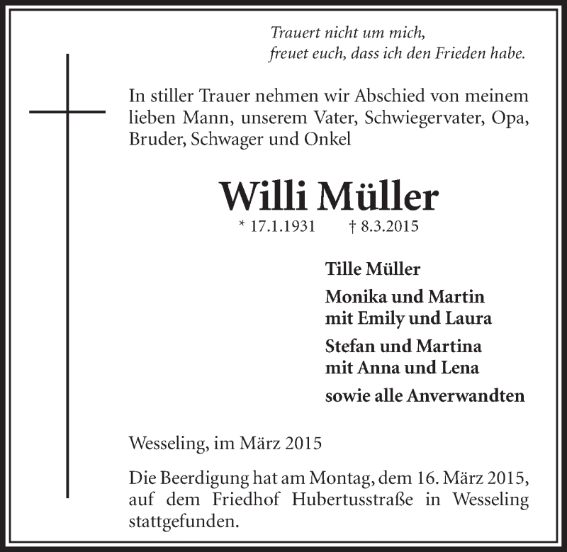  Traueranzeige für Willi Müller vom 18.03.2015 aus  Schlossbote/Werbekurier 