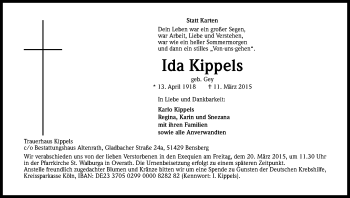 Anzeige von Ida Kippels von Kölner Stadt-Anzeiger / Kölnische Rundschau / Express