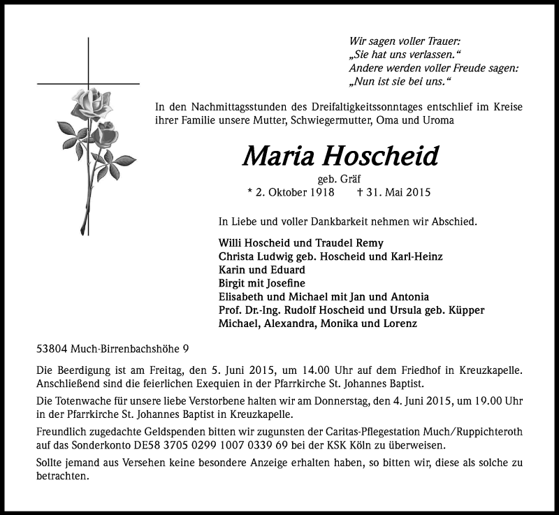  Traueranzeige für Maria Hoscheid vom 03.06.2015 aus Kölner Stadt-Anzeiger / Kölnische Rundschau / Express