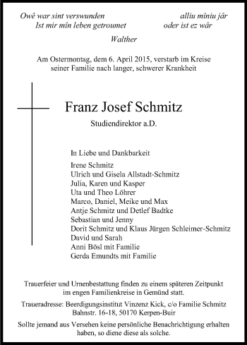 Anzeige von Franz Josef Schmitz von Kölner Stadt-Anzeiger / Kölnische Rundschau / Express