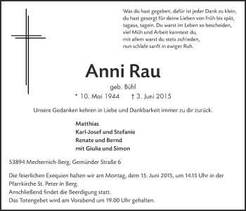 Anzeige von Anni Rau von  Blickpunkt Euskirchen 