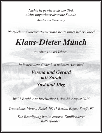 Anzeige von Klaus-Dieter Münch von  Schlossbote/Werbekurier 
