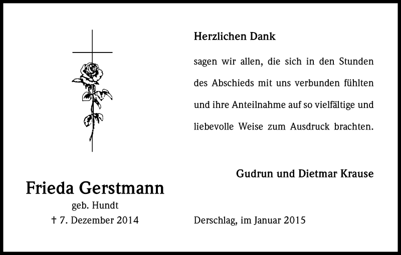  Traueranzeige für Frieda Gerstmann vom 14.01.2015 aus Kölner Stadt-Anzeiger / Kölnische Rundschau / Express