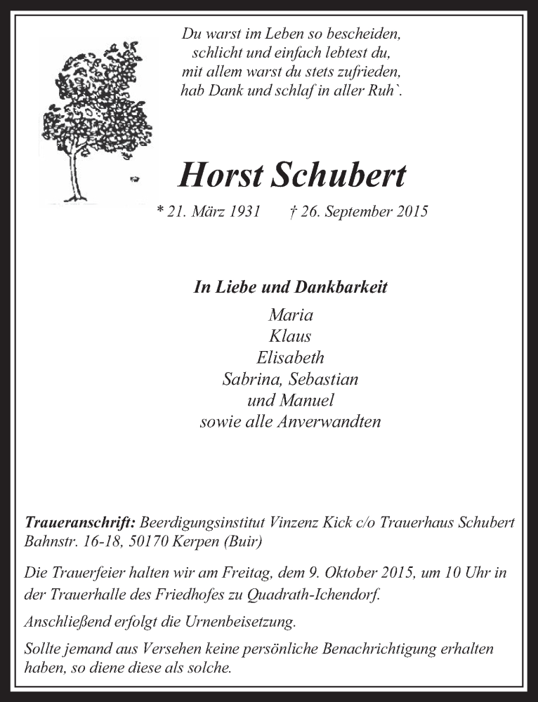  Traueranzeige für Horst Schubert vom 07.10.2015 aus  Werbepost 