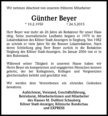 Anzeige von Günther Beyer von Kölner Stadt-Anzeiger / Kölnische Rundschau / Express