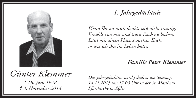  Traueranzeige für Günter Klemmer vom 11.11.2015 aus  Schaufenster/Blickpunkt 
