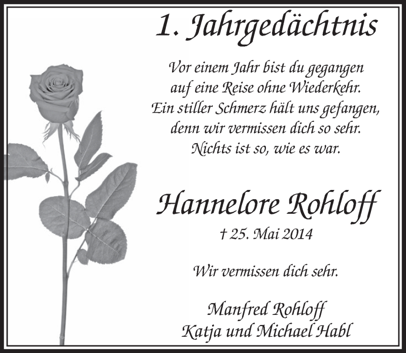  Traueranzeige für Hannelore Rohloff vom 23.05.2015 aus  Sonntags-Post 