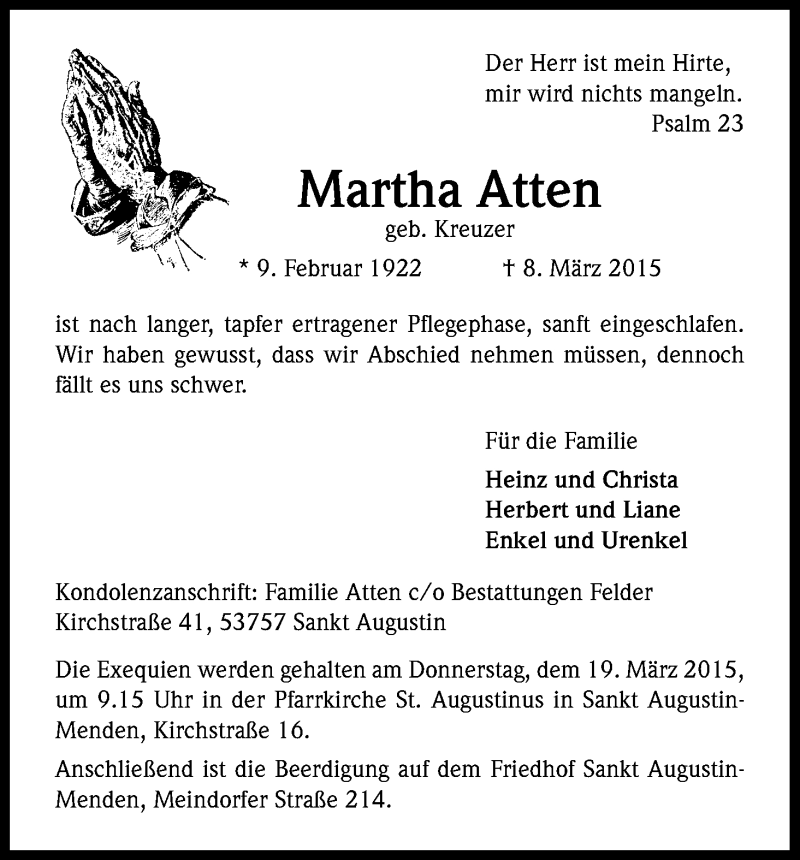  Traueranzeige für Martha Atten vom 14.03.2015 aus Kölner Stadt-Anzeiger / Kölnische Rundschau / Express