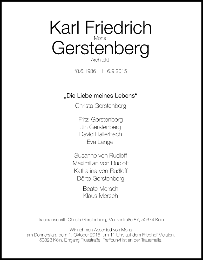  Traueranzeige für Karl Friedrich Gerstenberg vom 26.09.2015 aus Kölner Stadt-Anzeiger / Kölnische Rundschau / Express