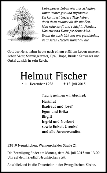 Anzeige von Helmut Fischer von Kölner Stadt-Anzeiger / Kölnische Rundschau / Express