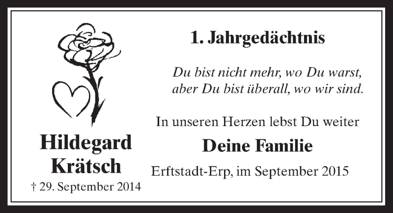  Traueranzeige für Hildegard Krätsch vom 23.09.2015 aus  Werbepost 